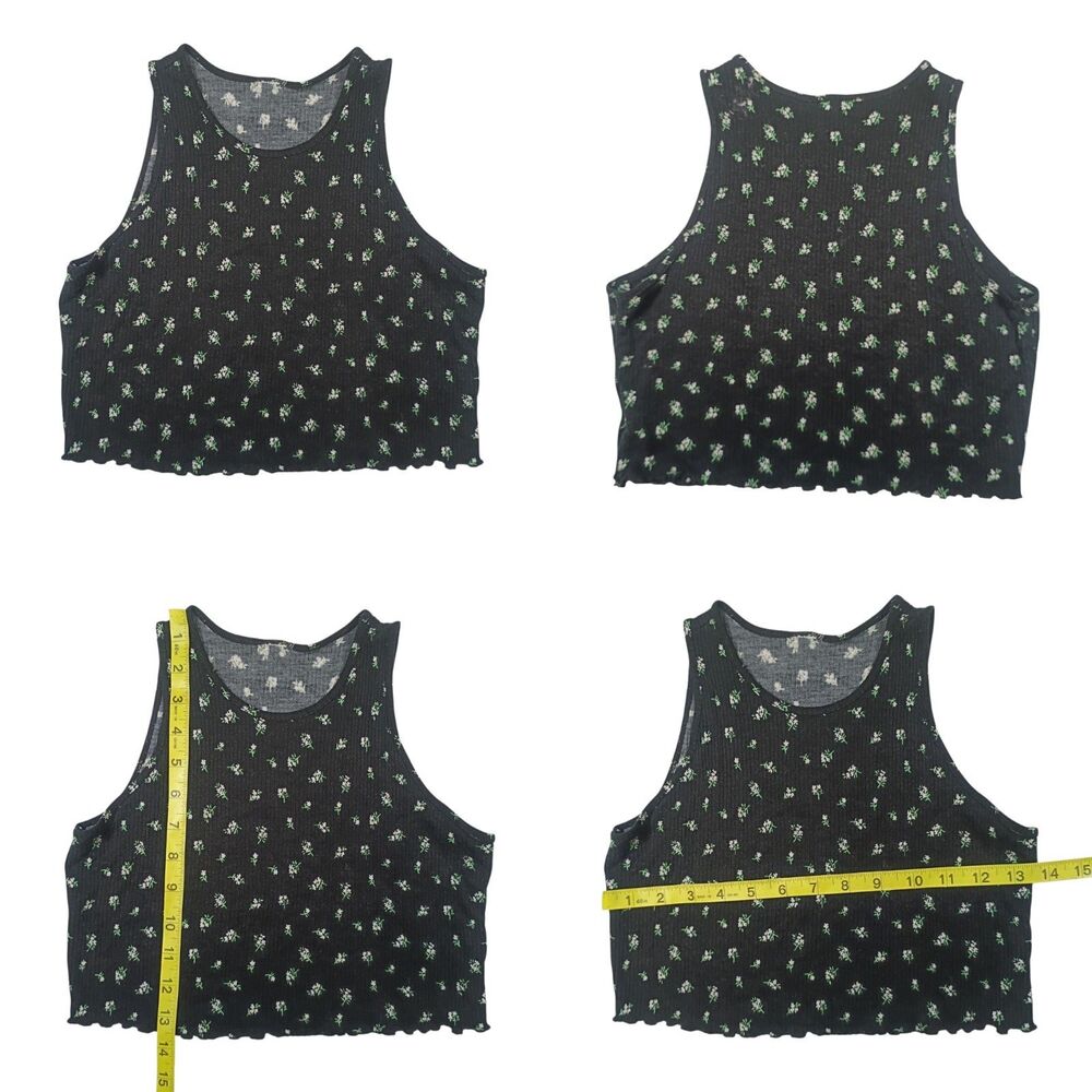 Y2K Black Floral Tank Top Youth L 10/12 Cottagecore Crop Lettuce Edge Floral